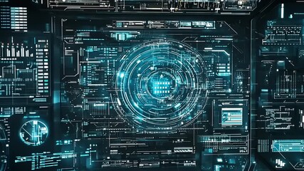 Futuristic digital interface displaying complex data analytics with glowing blue elements and graphs - Powered by Adobe