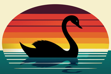 A swan swimming silhouette on retro vintage striped sunset on white background