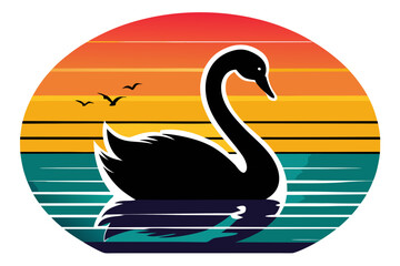 A swan swimming silhouette on retro vintage striped sunset on white background
