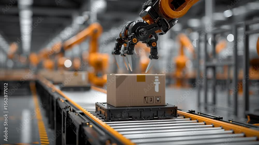 Poster automated robotic arms handling packages on a conveyor belt in a modern warehouse or factory setting