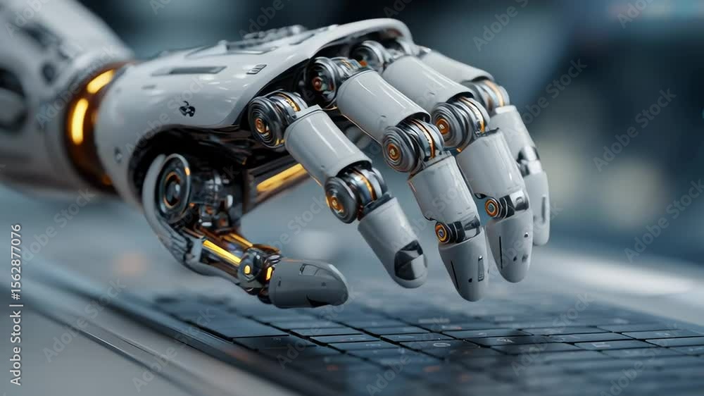 Poster a robotic hand with advanced mechanical joints is typing on a keyboard, showcasing futuristic techno