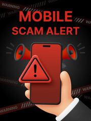 Naklejka premium 3d mobile scam alert banner template with hand holding a smart phone with red exclamation and megaphone icon, isolated on dark background. . Vector illustration