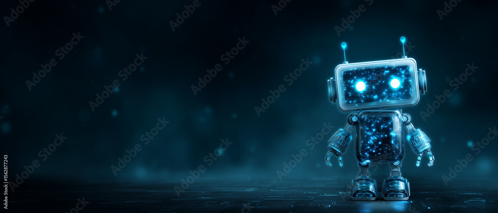 Poster a small futuristic robot with a screen face standing in a dark blue illuminated environment space wi