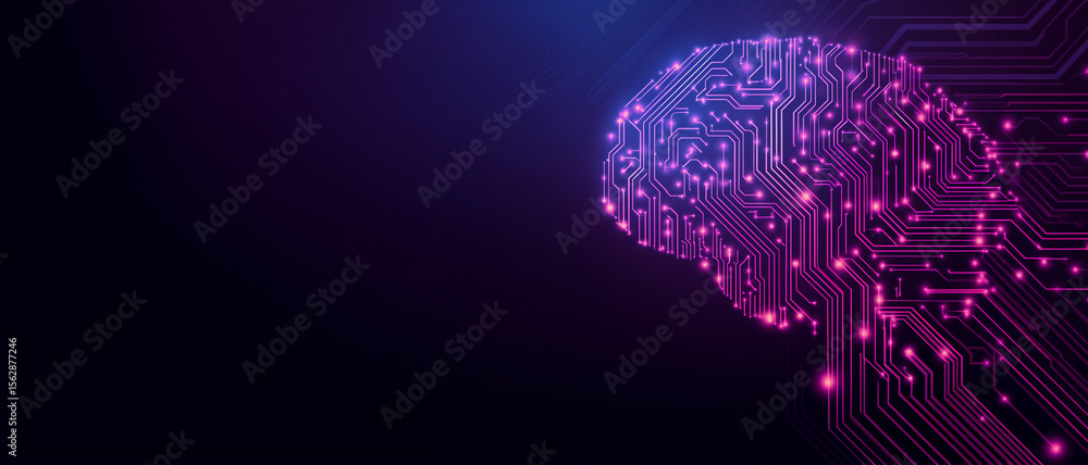 Poster glowing circuit board brain shape on a dark background with purple and blue gradient lighting effect