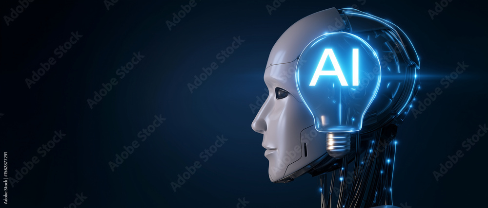 Poster artificial intelligence concept with ai bulb inside the head of a robot on a dark blue background