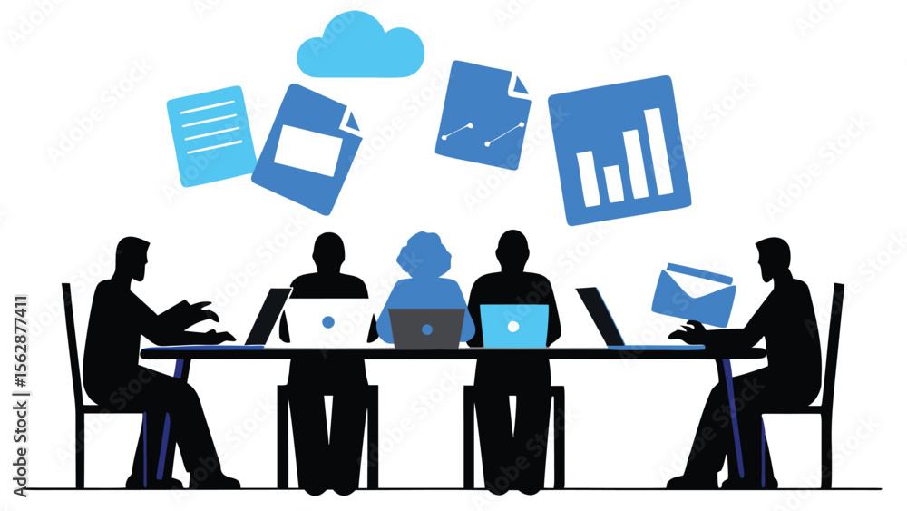 Poster silhouette people at a table with laptops surrounded by document and cloud icons indicating data tra