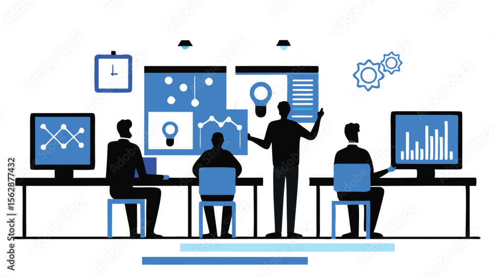 Poster people in a meeting discussing data analytics and business intelligence with charts and graphs shown
