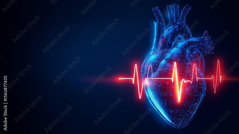 Poster digital heart model with a red ekg line showing heart activity on a dark blue background display scr
