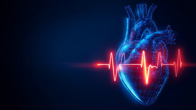 Digital heart model with a red ekg line showing heart activity on a dark blue background display screen