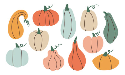 Set of pumpkins of different colors. Cute hand drawn pumpkins, vector illustration .Cozy autumn element ,health food , thanksgiving day design element .
