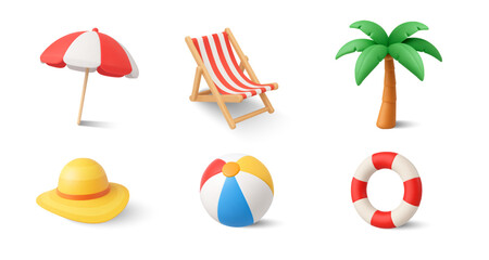 3d hello summer icons collection, isolated on white background. Beach chair with coconut or palm tree, life buoy and beach ball, beach hat icon in 3d vector. Vector illustration