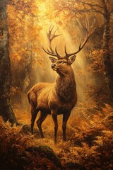 Majestic Powerful Oil Painting of Noble Stag in Autumn Forest