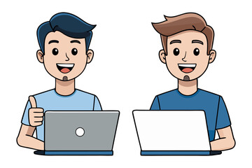 Digital Harmony: A duo of friendly individuals, each engaged with their laptops, project an air of digital collaboration. The image is an illustration of men working on laptops showing approval.