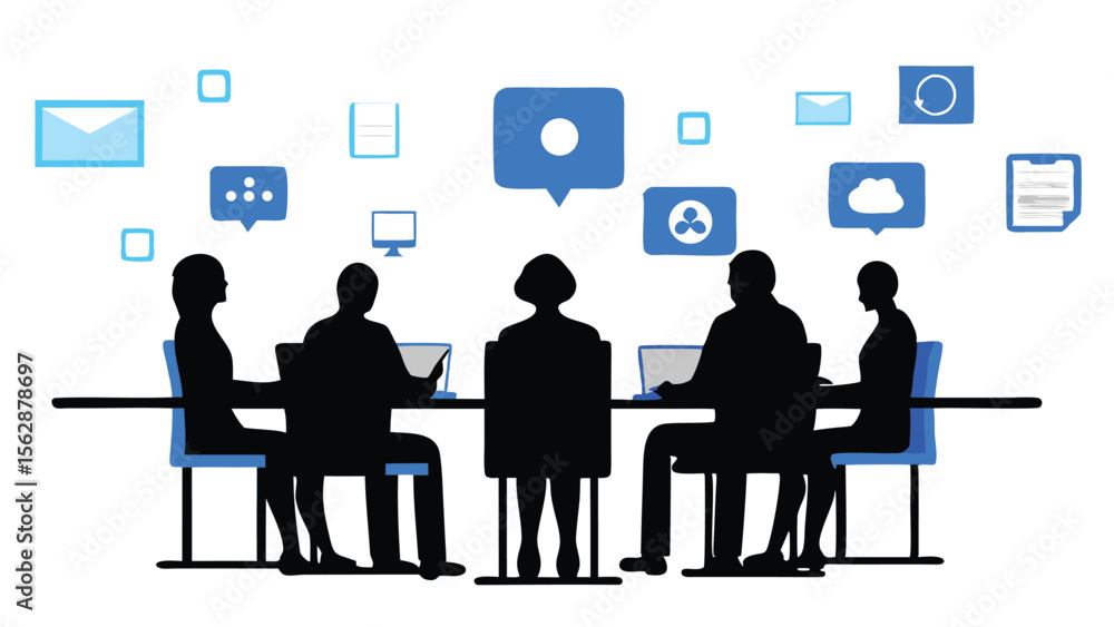 Poster silhouette of five people sitting at a table with various icons above them in a meeting setting