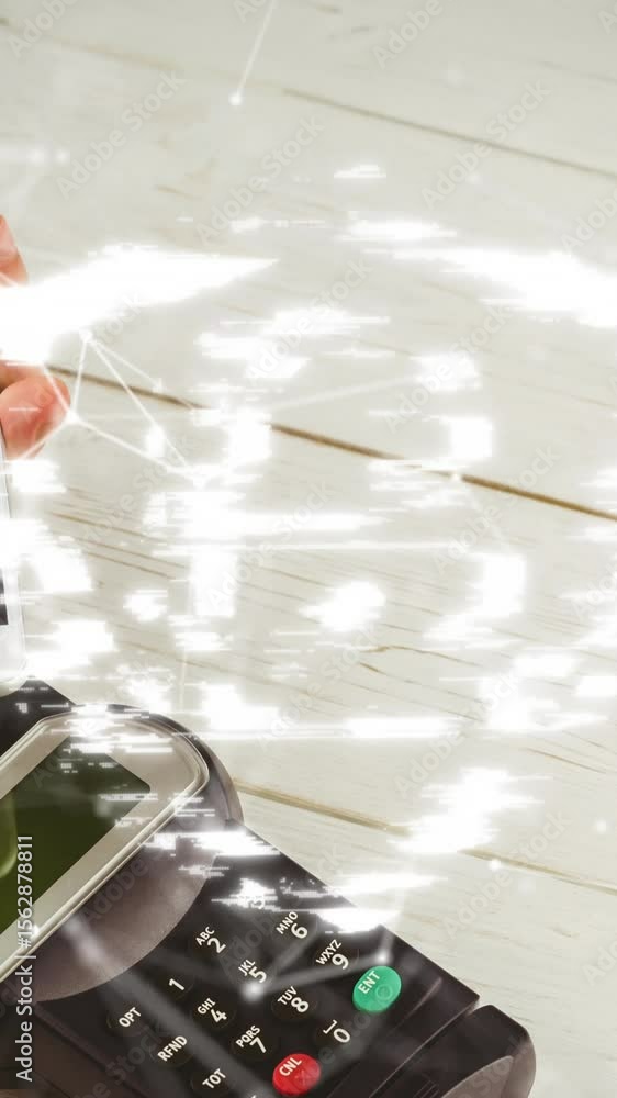 Poster Animation of network of connections and security padlock over smartphone and payment terminal