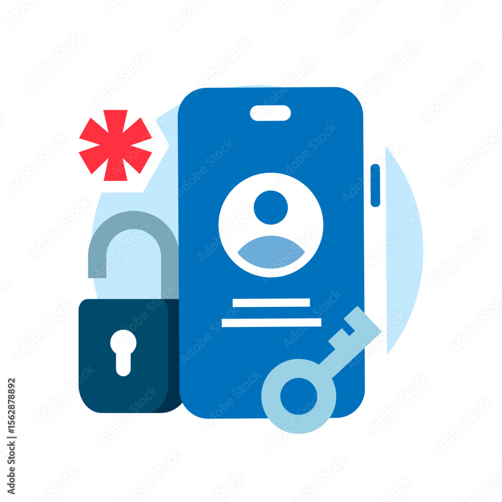 Poster illustration of smartphone screen displaying user profile, padlock, key. login detected on new devic