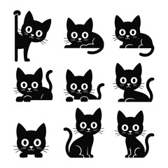 Set of Nine Black Cat Cartoon Illustrations cats