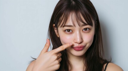 人中を指さす綺麗な女性