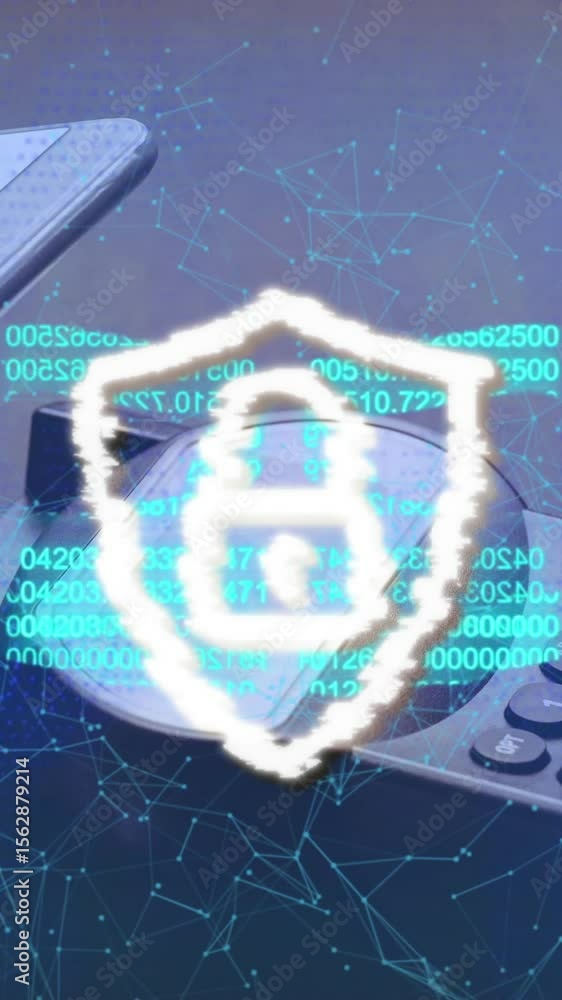 Poster animation of block chain and security padlock on shield over smartphone and payment terminal