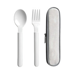 Fototapeta premium Portable white spoon and fork set with case