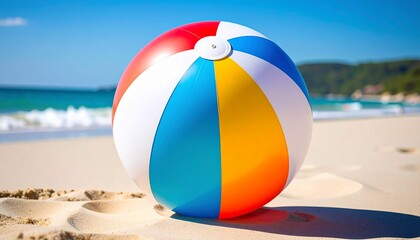 Obraz premium 青い海と白い砂浜で輝く色とりどりのビーチボールが織りなす夏の楽園風景