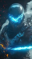 Futuristic figure in advanced armor glowing blue details