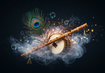 Krishna Flute with Peacock Feather and Drum