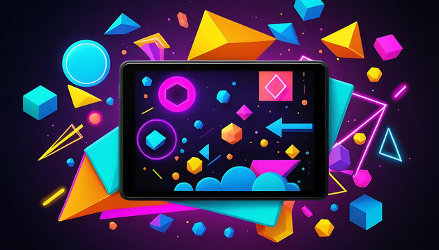 Tablet Display: Abstract Geometric Shapes, Neon Glow, Dark Purple Background. - Powered by Adobe