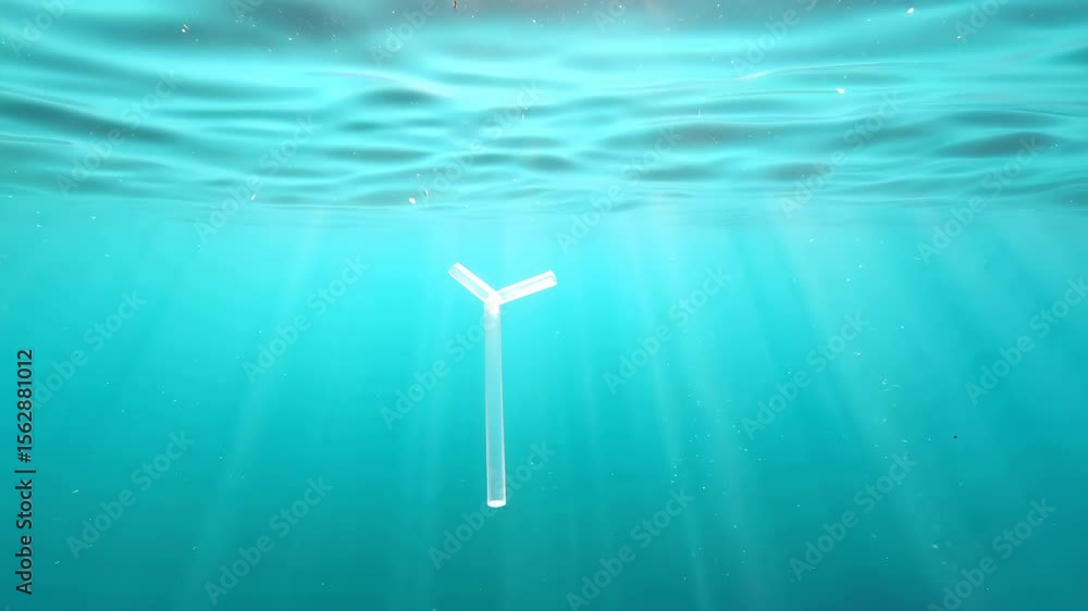 Poster underwater view of a white object floating in turquoise blue water with gentle rays of light filteri