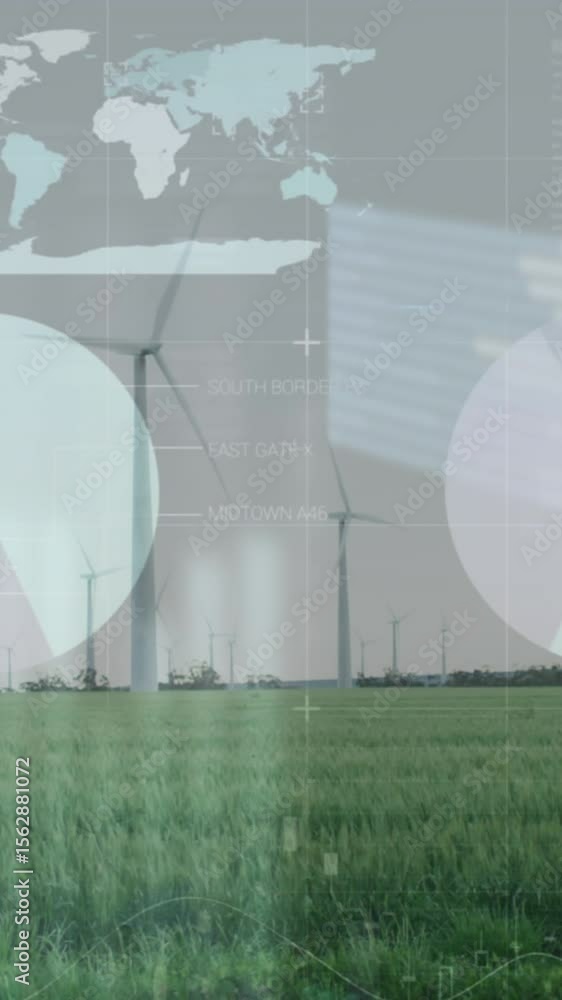 Poster animation of statistical data processing over spinning windmills on grassland against grey sky