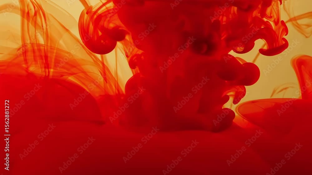 Poster vivid red ink swirling in warm yellow liquid, creating dynamic abstract patterns and movement