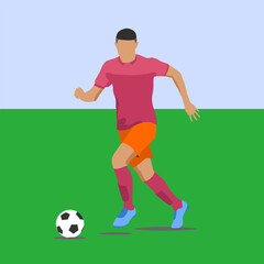 Illustration Vector Style Football Soccer player dribbling ball on green field during game

