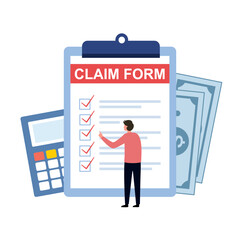 Registration of claim form document, providing personal information, income information vector set. Tax filing, credits and expenses, financial report. Insurance claim form