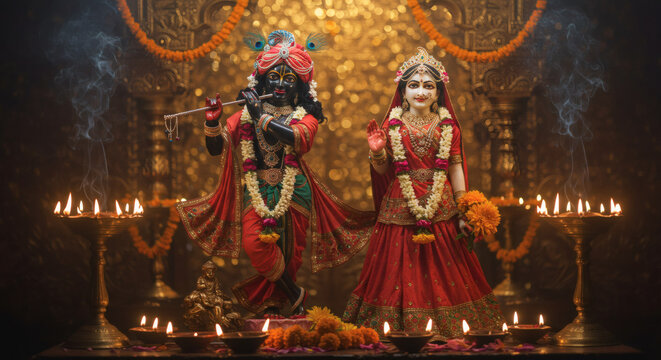 Traditional Radha Krishna Decor with Marigold and Diyas