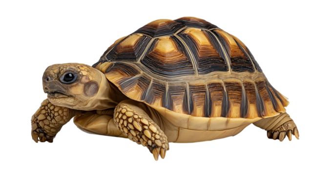 A detailed studio portrait of a small desert tortoise with a patterned shell and textured skin isolated on transparent background