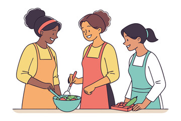 Culinary Symphony: Three women, adorned in aprons, collaborate harmoniously within a kitchen, preparing a vibrant salad with shared smiles and an air of convivial unity.