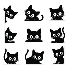 Obraz premium Black Cat Cartoon Set Peeking Over Edge on White Background