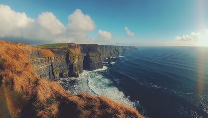 Dramatic Cliffs of Moher, Ireland, coastline view, sunny day
