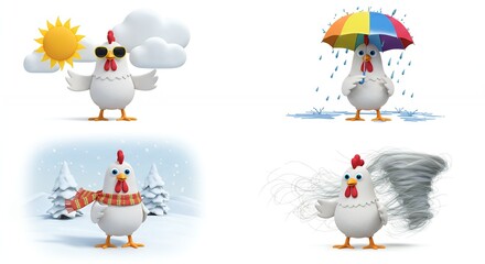 Cartoon chicken representing various weather conditions
