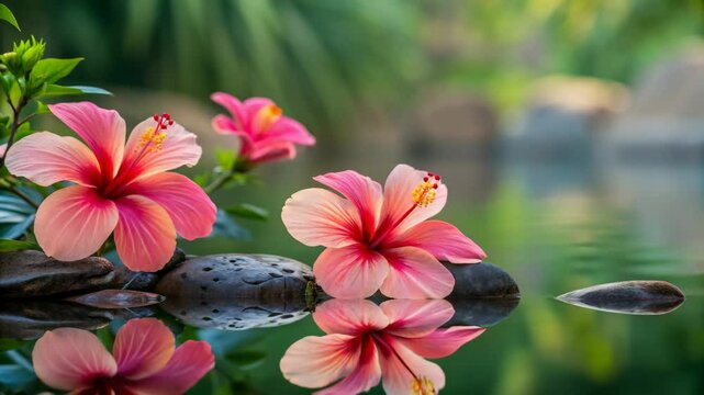 Red hibiscus flowers in water lake pond