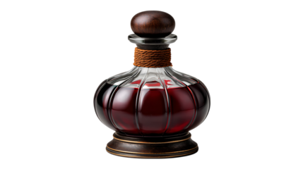 Elegant antique glass decanter filled with rich red liquid and a wooden stopper isolated on transparent background