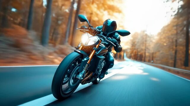 Exhilarating ride of a motorcycle speeding along a winding road, surrounded by stunning autumn foliage, evoking a sense of freedom and adventure in bauty of nature