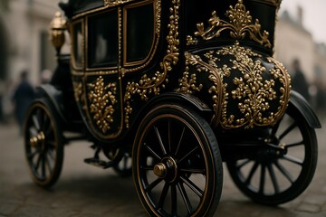 Naklejka premium Close Up of Ornate Black and Gold Carriage with Floral Detailing