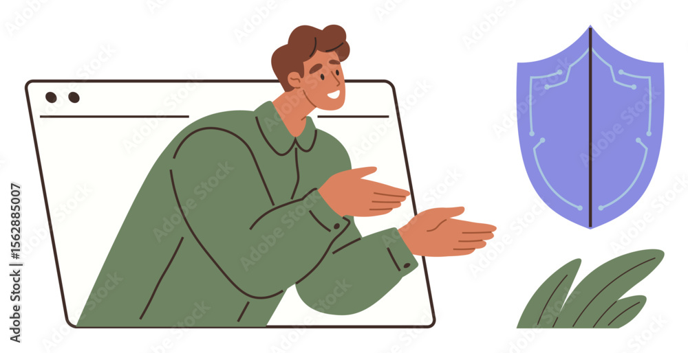 Poster man emerging from browser window gesturing toward shield suggesting data security. ideal for cyberse