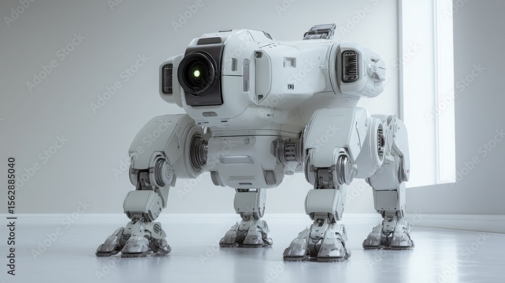 Poster sleek robot standing in a room conceptualizing advanced blockchain technology and intelligent digita