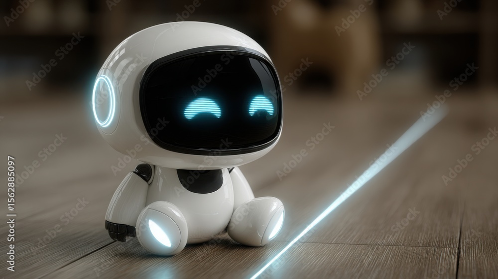 Poster robot sitting on a wooden floor in a modern space conceptualizing efficient business alignment track