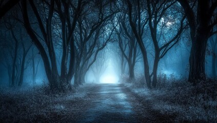 Obraz premium Mystical Moonlight Path Through Foggy Forest