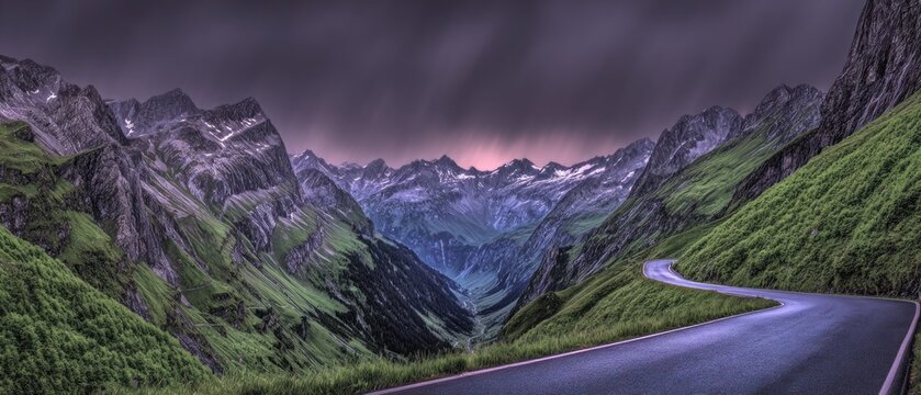 Mountain pass road winding through alpine valley