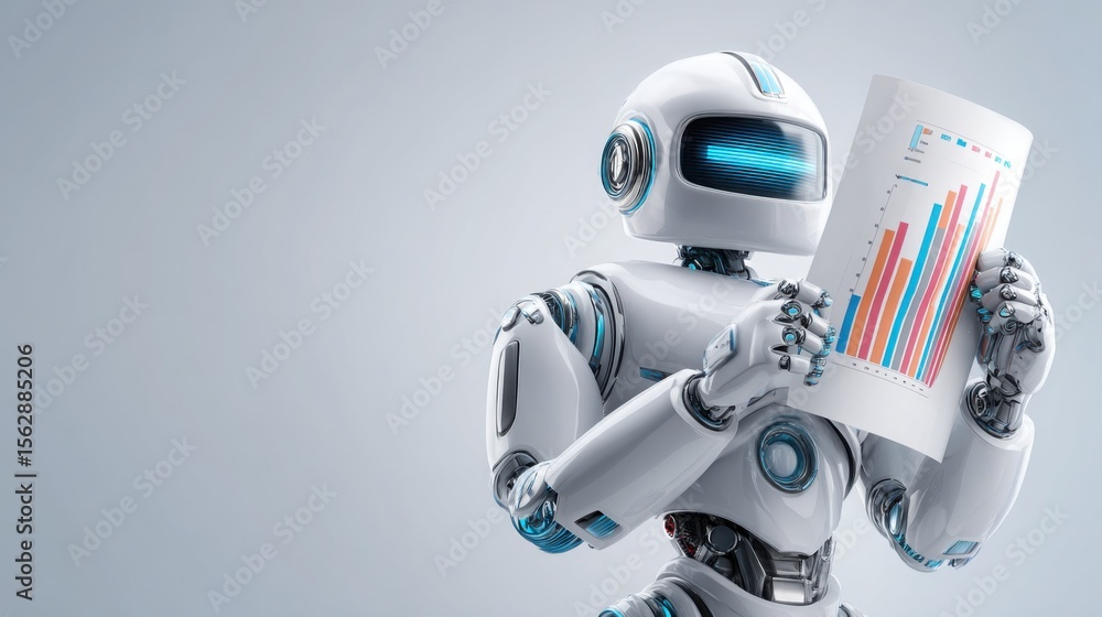 Poster humanoid robot grasping a piece of paper representing ai business assistant functionality in documen