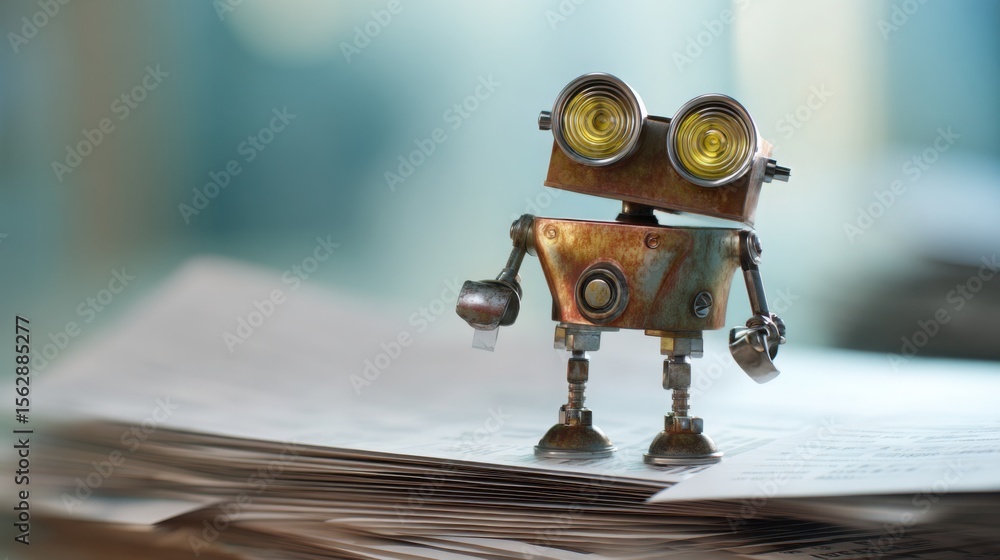 Poster robot on a stack of papers representing ai business audit bot concept in a modern office environment